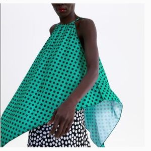 Zara Polka Dot Handkerchief Top Green/Black Large
